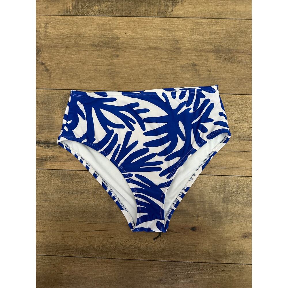 Kona Sol Blue and White Leaf High Waisted Bikini Bottoms - Medium